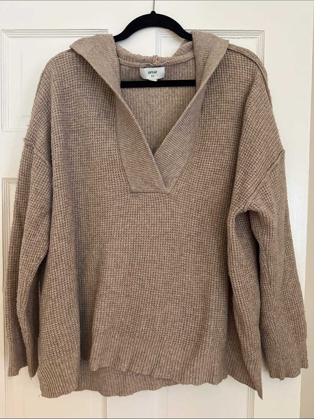aerie Taupe V-Neck Hooded Waffle Knit Pullover